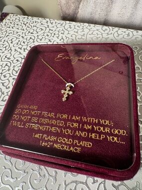 Evangelina Gold-Tone Petite Cross Necklace in Faux Suede Box NIB